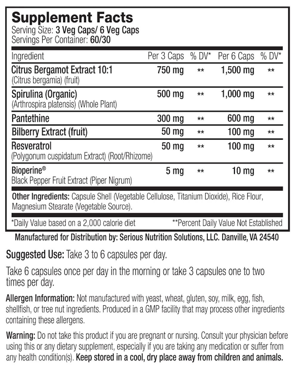 Serious Nutrition Solutions Cholesterol Support XT facts