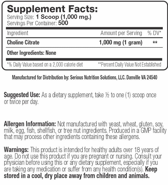 Serious Nutrition Solutions SNS Choline Citrate Powder|Stress|Bodyandfitness.com