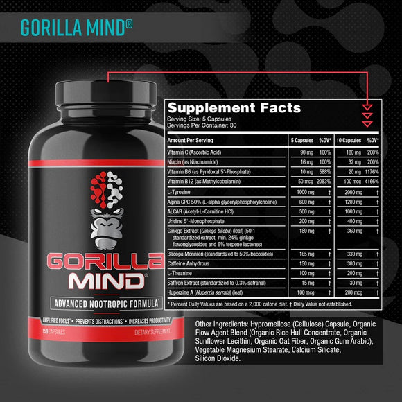 Gorilla Mind, Advanced Nootropic Formula, 150 Capsules|Memory|Bodyandfitness.com