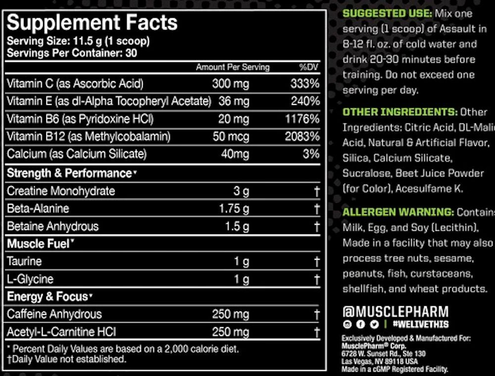 MusclePharm, Assault Energy + Strength 30 servings facts