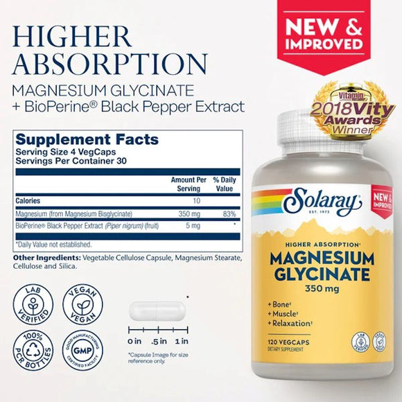 Solaray Magnesium Glycinate 120ct|Recovery|Bodyandfitness.com